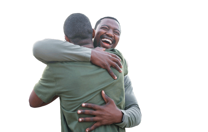 Men hugging; Donation page header