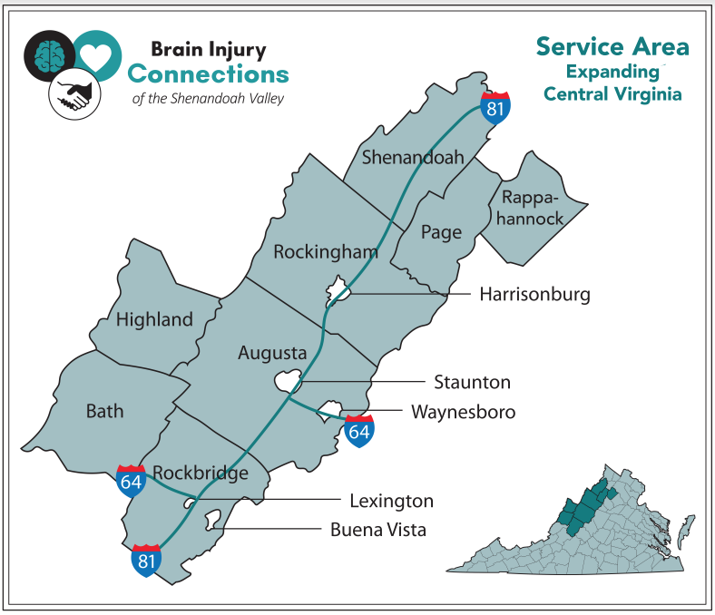 BICSV Service area in Virginia with a blue colored map including Shenandoah, Rappahannock, Page, Rockingham, Harrisonburg, Augusta, Staunton, Waynesboro, Highland, Bath, Rockbridge, Lexington, and Buena Vista.